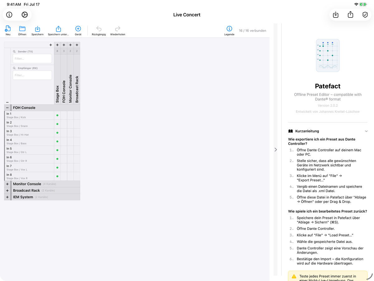 Patefact auf dem iPad mit geöffneter Routing-Matrix